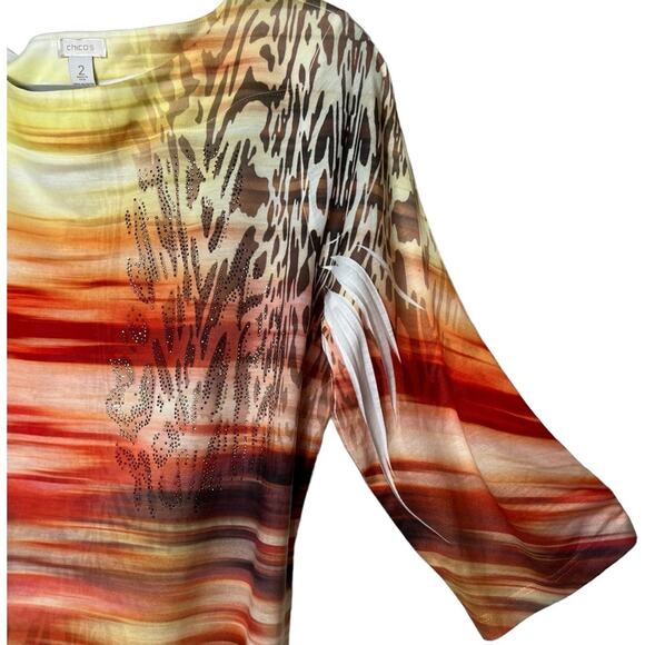Chicos Tropical Print 3/4 Sleeve Top Size 2 - Picture 3 of 12